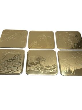 VTG Metallic Gold-Tone Coasters Japanese Art Koi Mt Fuji Samurai Felt Back